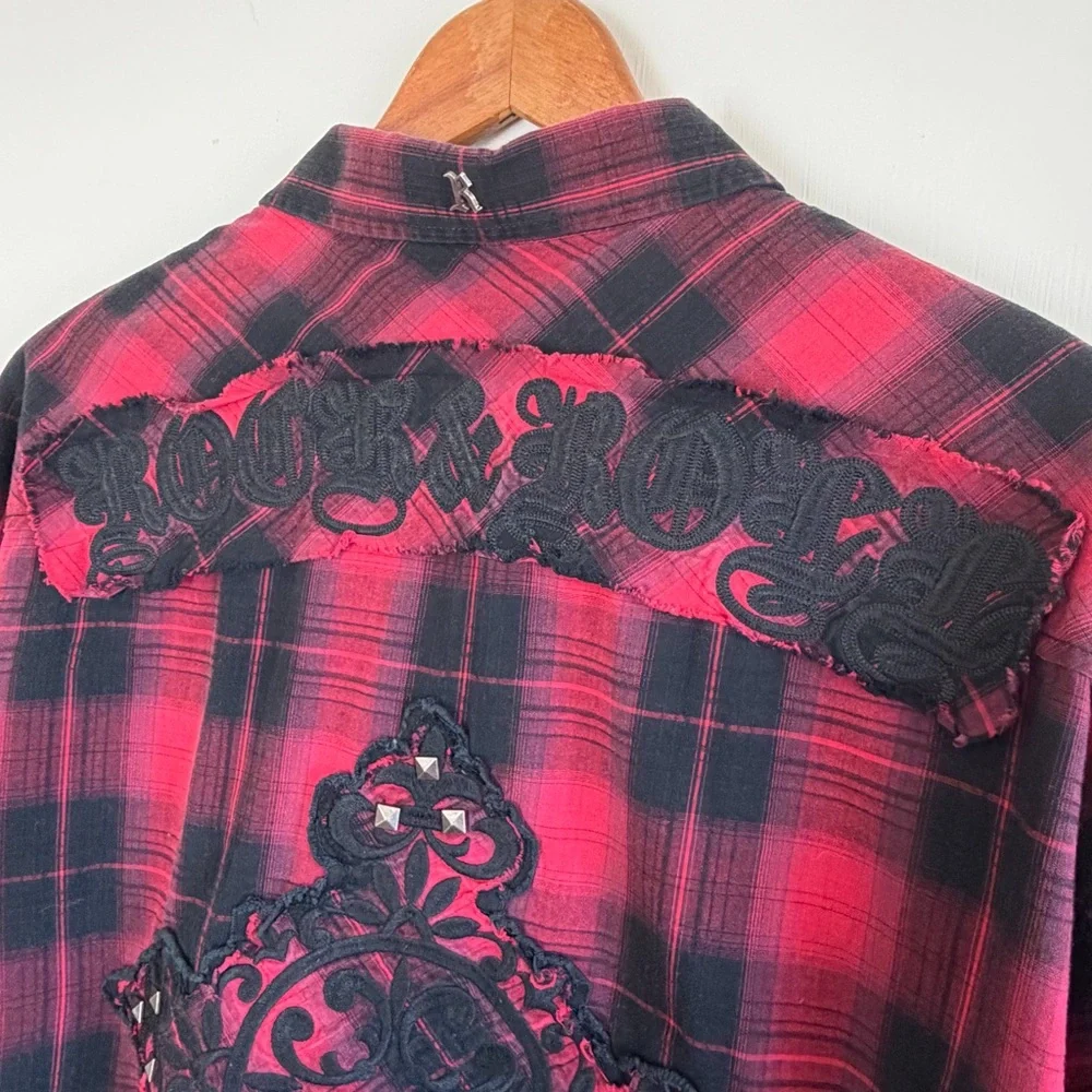 Rock & Roll Cowboy Men XL Red Plaid‎ Long Sleeved Button Down Shirt Embroidered
